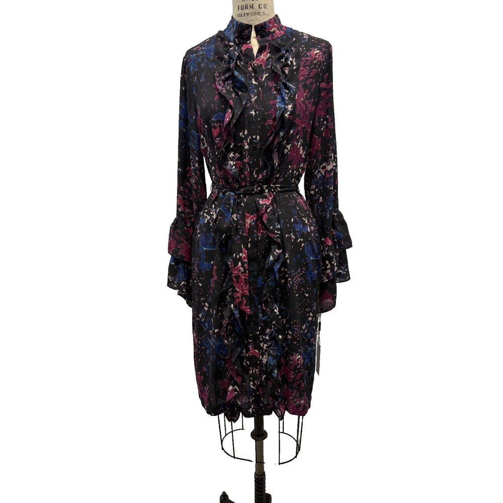 NWT Vicky Tiel Floral Shirt Dress Self Belt Mandarin Collar Ruffle Front Size S